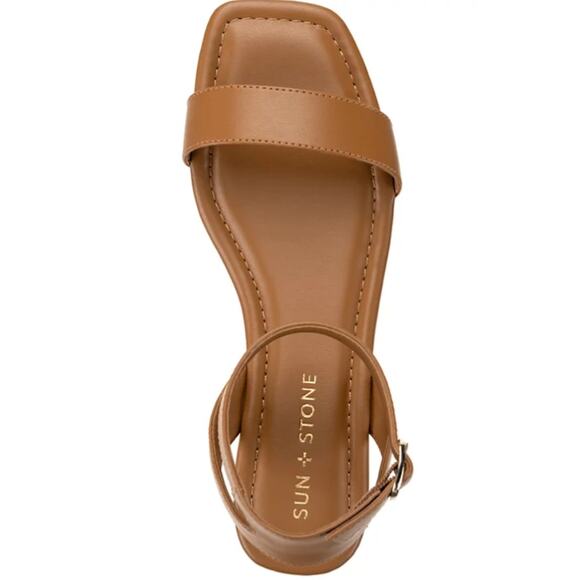 SUN STONE QUEBECC ANKLE-STRAP FLAT SANDAL COGNAC WOMENS SIZE 8.5M - Picture 2 of 9